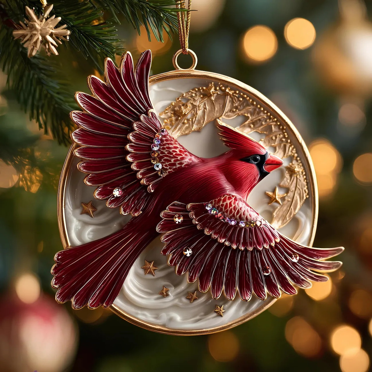 Red cardinal ornament in a round decorative frame hanging on a Christmas tree