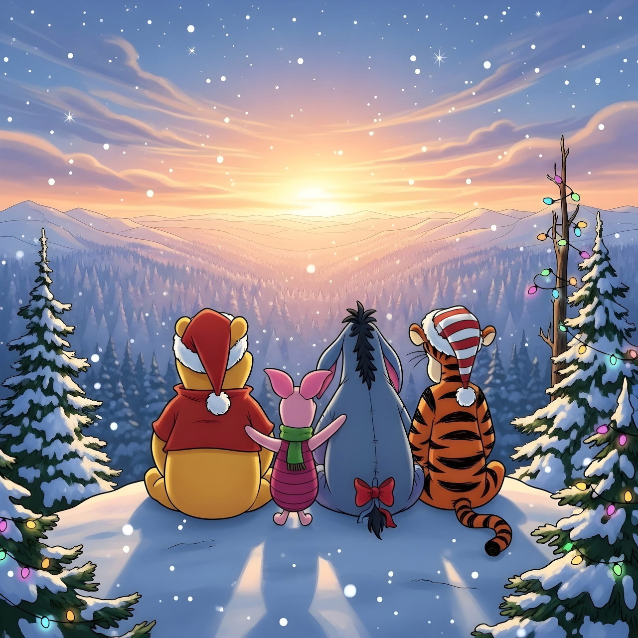 Winnie the Pooh characters standing in snowy forest watching sunset with Christmas lights on trees