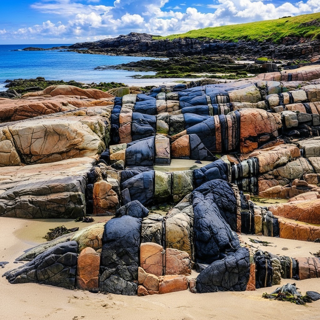 Striped rock formations in orange, gray, and black bands on a beach with ocean and hills in background