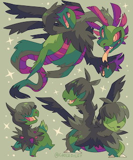 Shiny Hydreigon Pokemon character shown in multiple poses with green and purple color scheme on tan background