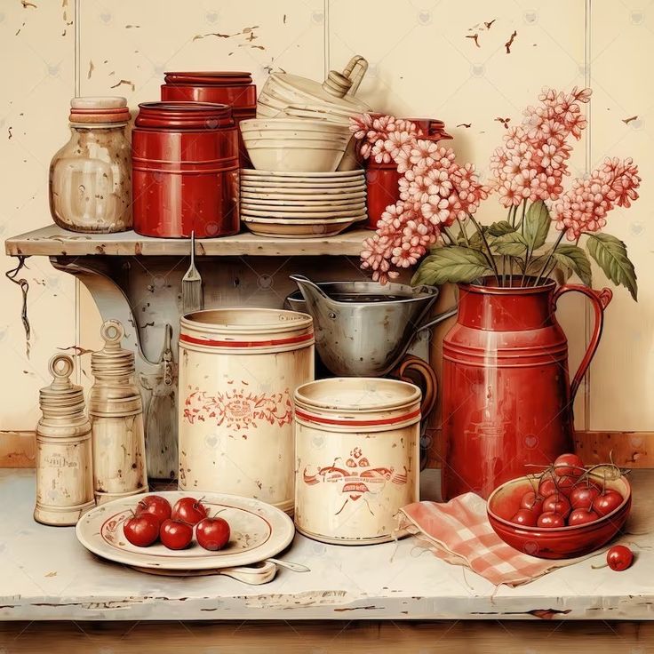 Vintage kitchen items in red and cream arranged on rustic wooden shelves with dried flowers