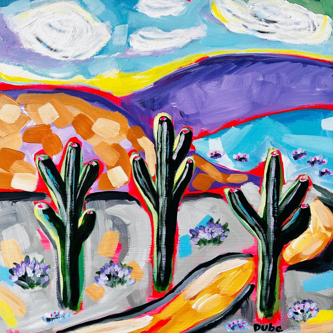 Colorful painting of saguaro cacti in desert with purple mountains and dramatic sky