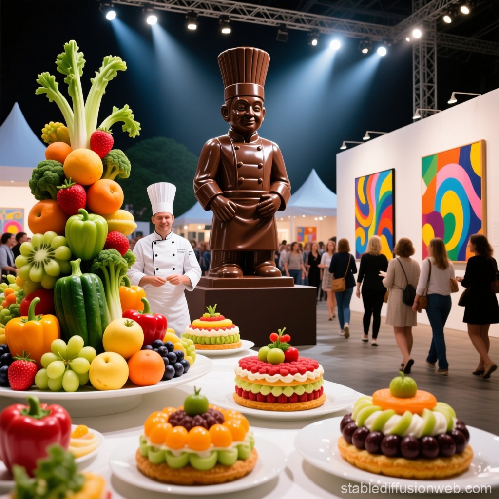 Giant chocolate chef statue surrounded by fruit displays and decorated cakes at an indoor exhibition