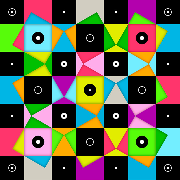 Abstract geometric pattern with neon triangles, circles and squares on black grid