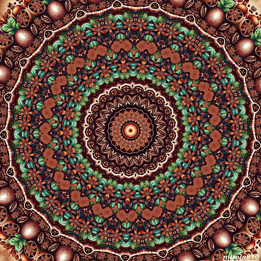 Detailed mandala with turquoise and coral patterns in concentric circles on dark background