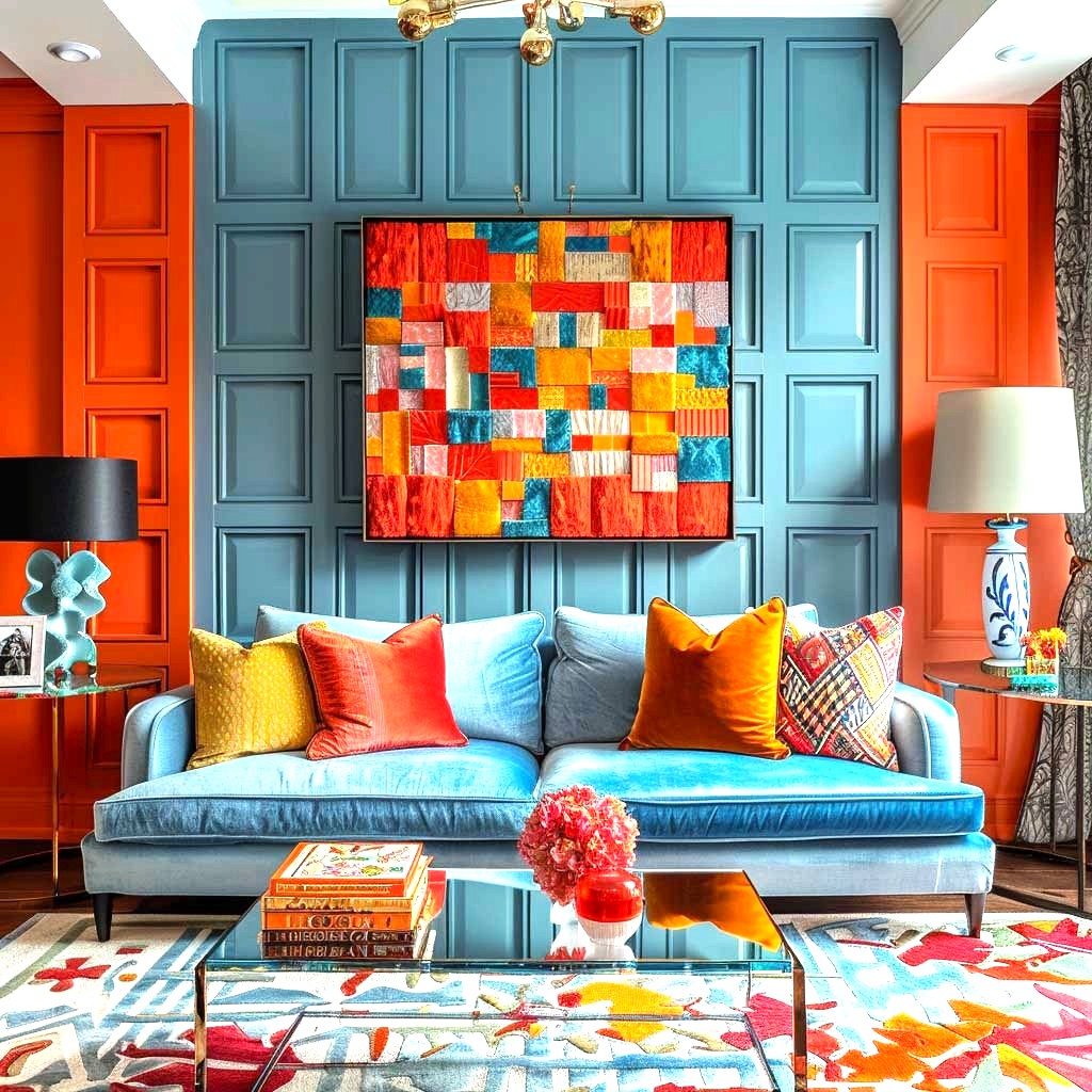 Bright living room with teal wall panels, orange doors, colorful abstract painting, blue velvet sofa, and vivid cushions