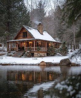 Log cabin by lake in winter with snow on roof and trees, warm lights glowing from windows