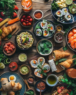 Overhead meal spread with sushi rolls, wraps, salad, sauces, and fresh vegetables on a wooden table