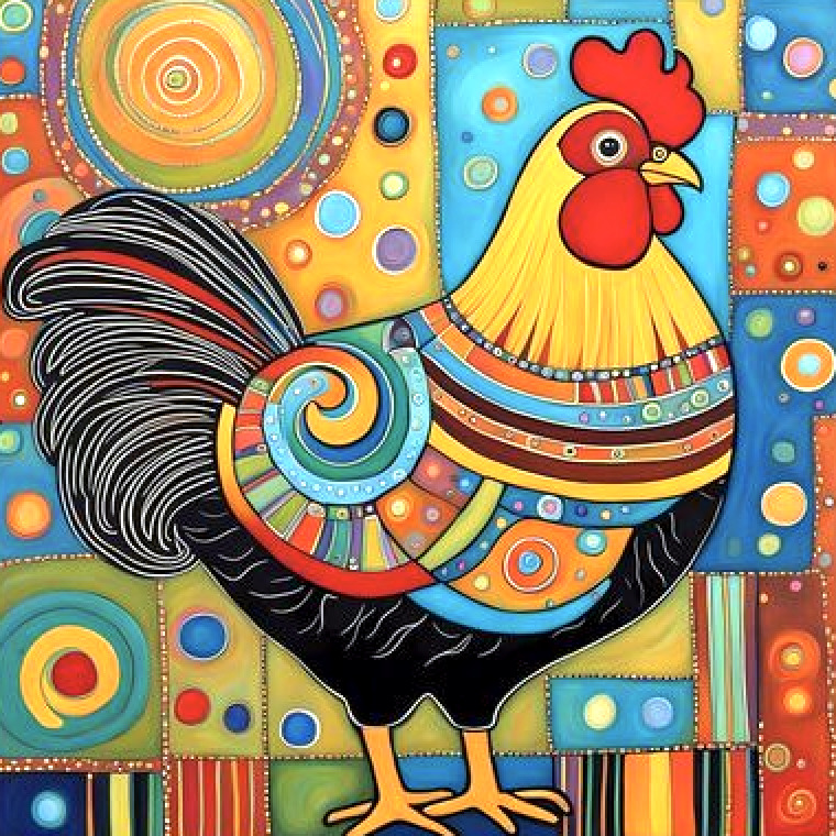 Stylized rooster with colorful geometric patterns and swirls on patchwork background