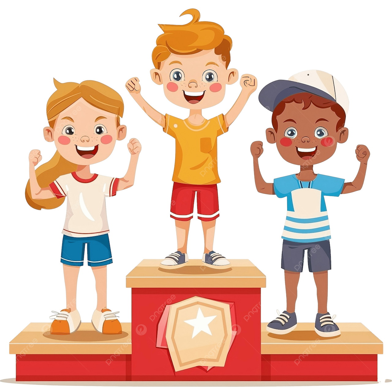 Cartoon of three happy children standing on a winners podium with raised arms