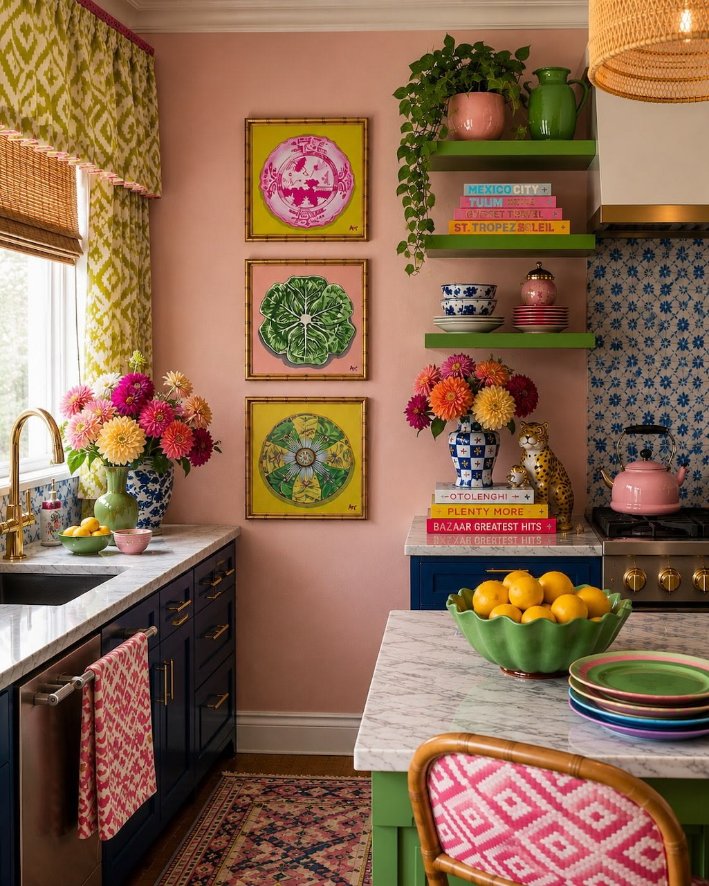 Colorful eclectic kitchen with pink walls, patterned decor, flowers, open shelves, and a bowl of citrus.