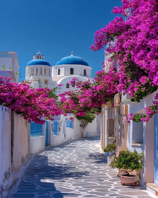 Whitewashed alley with pink bougainvillea and blue-domed church in Santorini, Greece