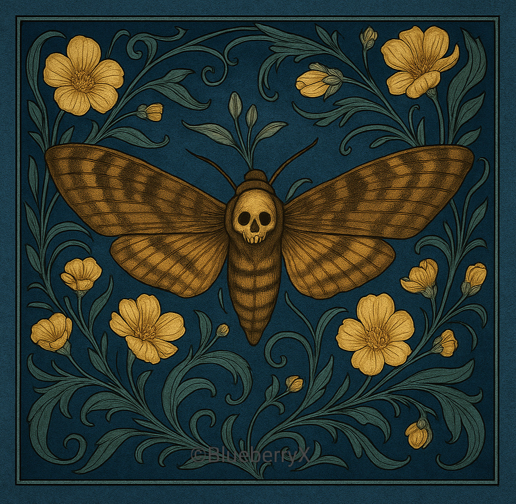 Death's head hawk moth with skull pattern, golden striped wings, yellow flowers on decorative teal background