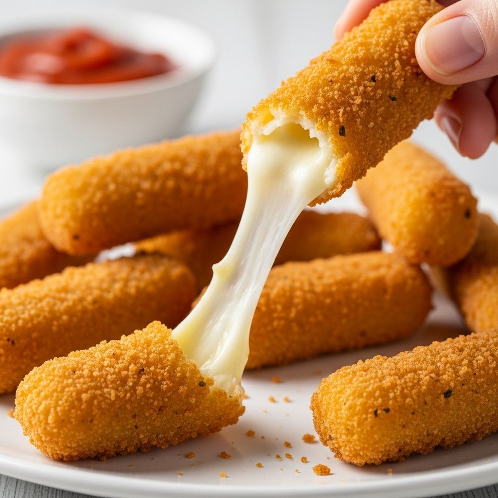 Breaded mozzarella sticks on a plate with melted cheese stretching from one pulled apart