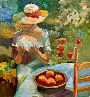 Impressionist painting of a woman reading in a garden beside a table with fruit and red flowers