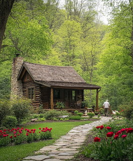 Log cabin with stone chimney in green forest, red tulips along stone path leading to porch