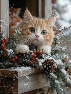 Orange and white kitten resting in a snowy window box with pine branches, red berries, and pinecones