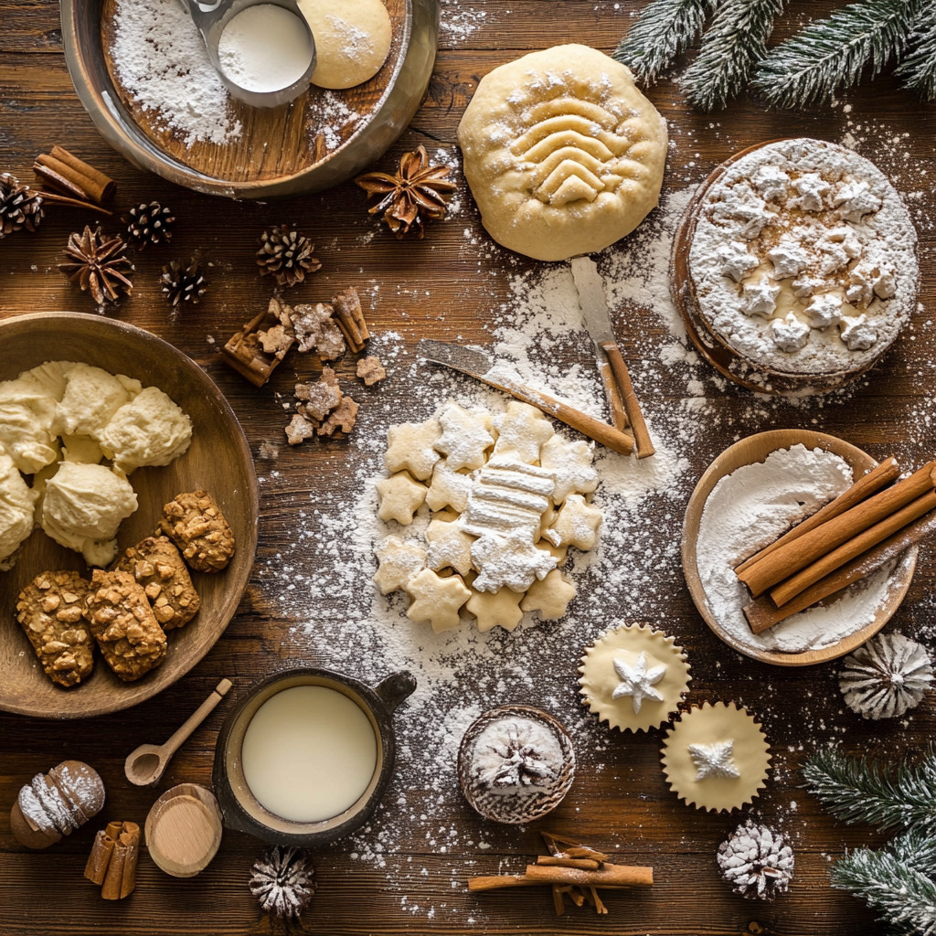 Festive holiday baking flat lay with cookies, flour, cinnamon sticks, pine branches and baking utensils on wood table