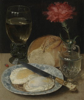 Still life painting with eggs on a plate, bread, a glass of wine, and a pink flower