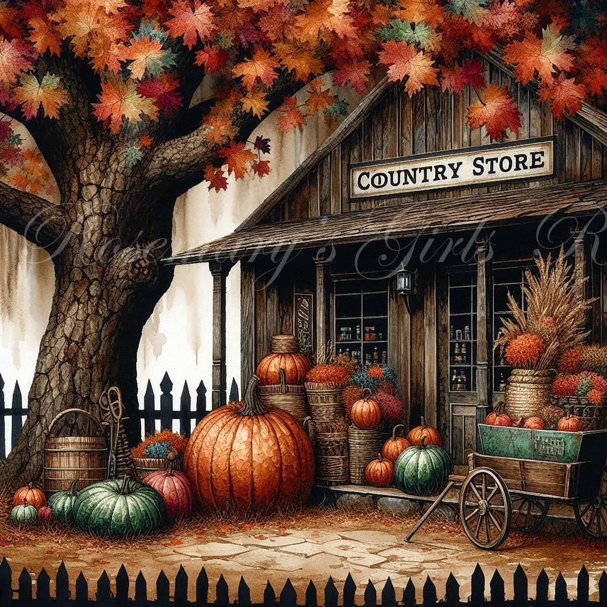 Rustic country store in autumn with pumpkins and fall leaves