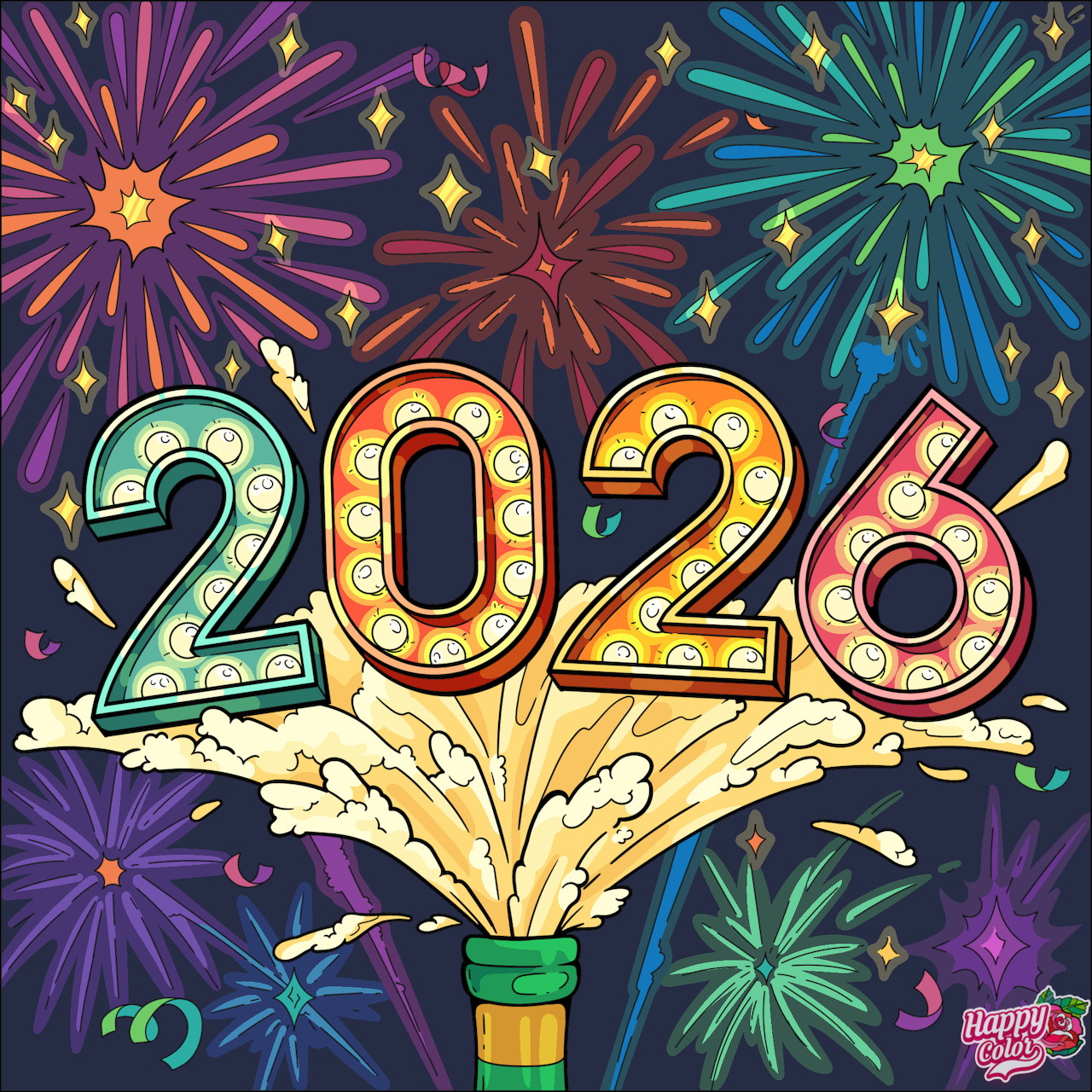 Colorful 2026 numbers with fireworks in a dark sky and a popping champagne bottle below