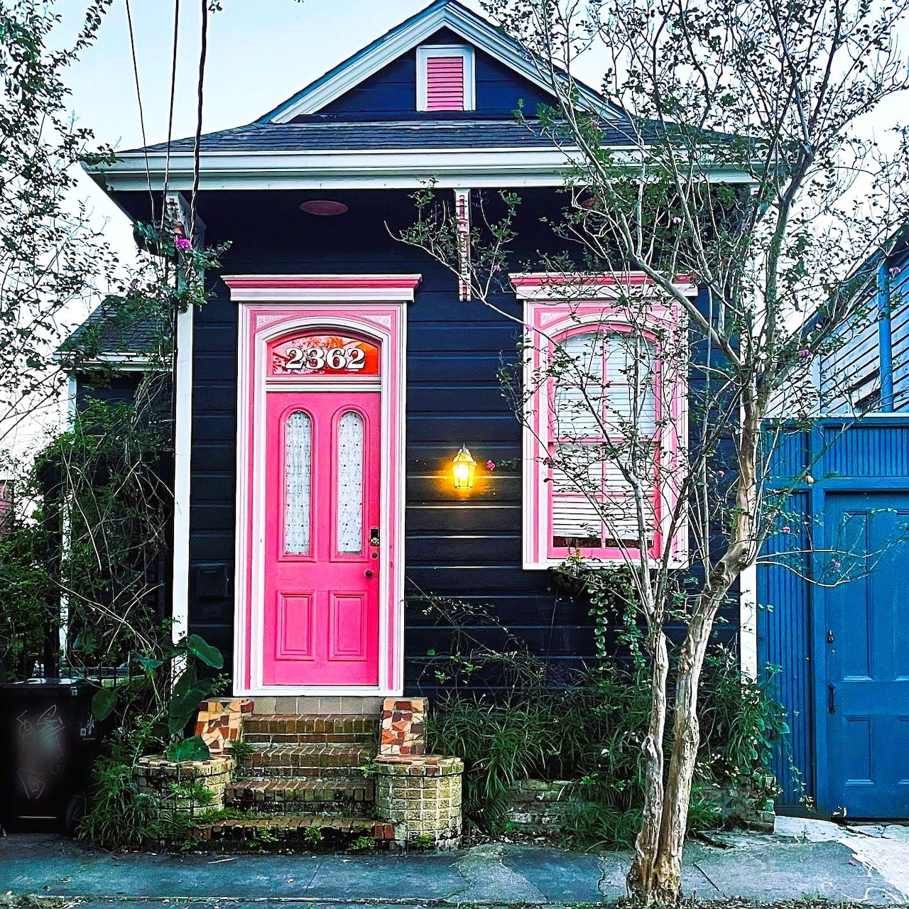 Small dark blue house with bright pink door and pink window frames surrounded by trees