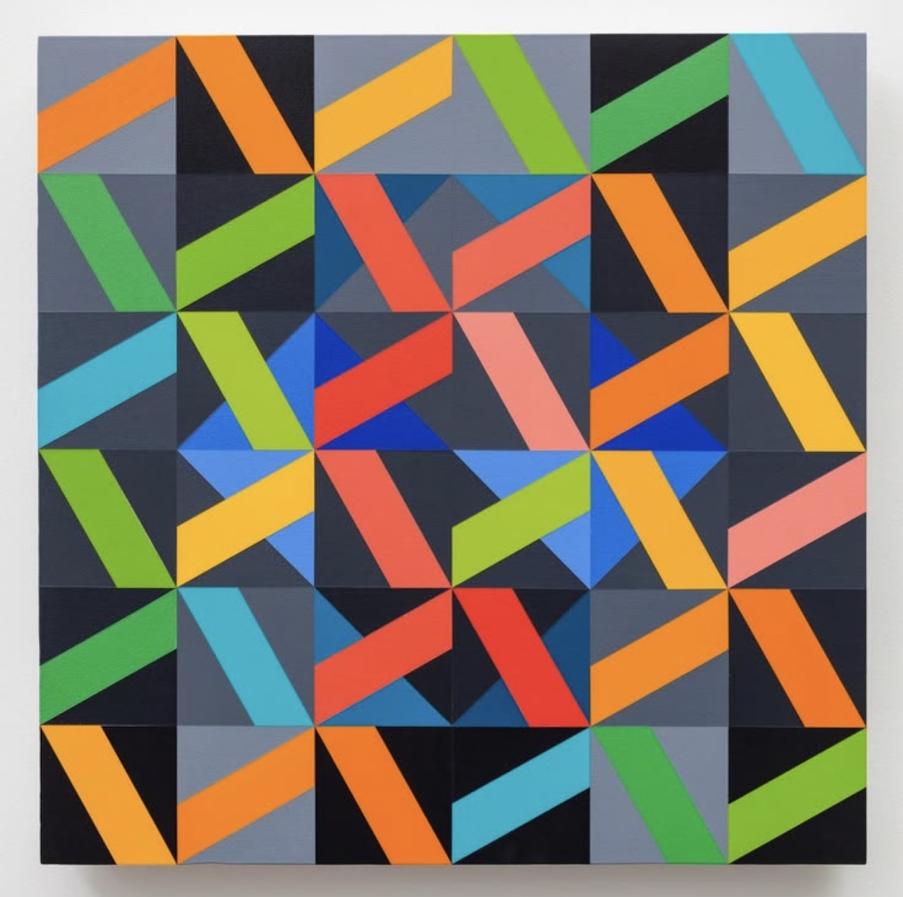 Abstract geometric pattern with colorful diagonal stripes and triangles on dark background