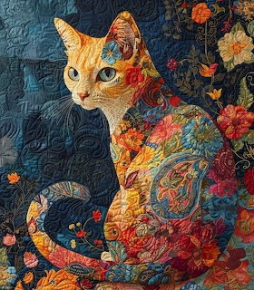 Decorative quilt showing a cat made of colorful floral fabric patches on dark teal background