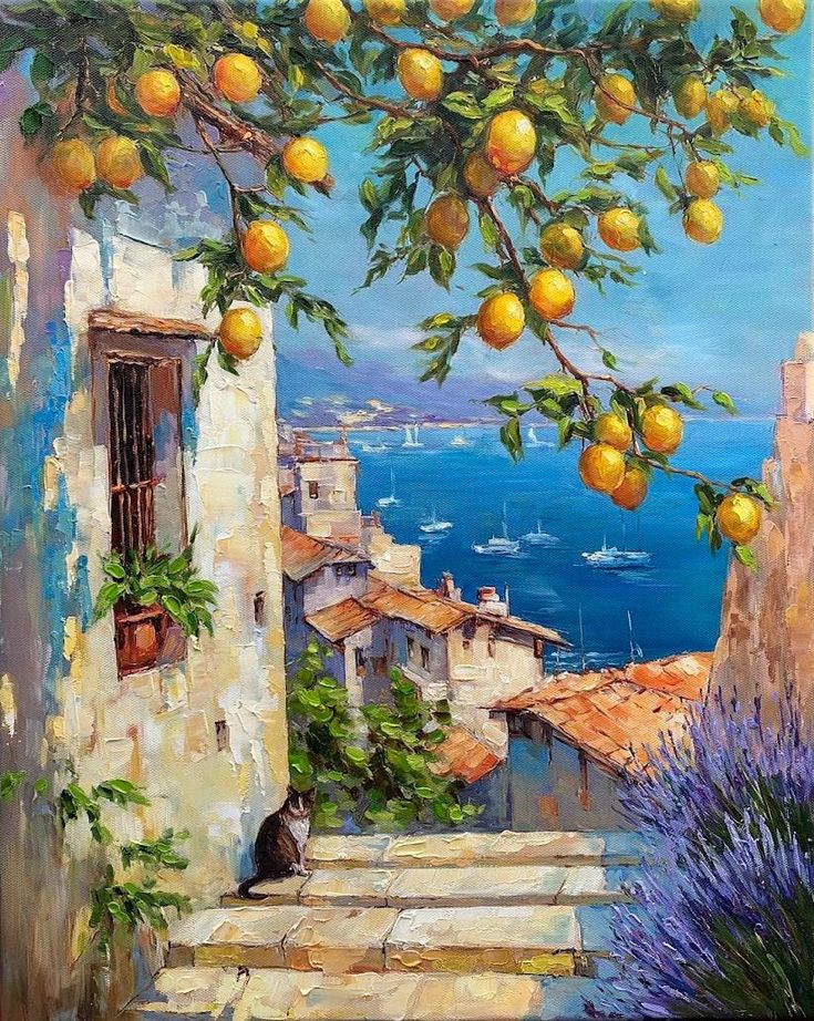 Oil painting of lemon tree branches over stone steps in an Amalfi Coast village with sea views and a cat