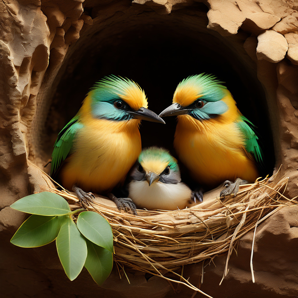Two colorful bee-eater parent birds with green, blue, and orange feathers in nest with chick