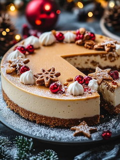 Christmas chesecake decorated with gingerbread stars, snowflakes, meringue, and red berries on a dark plate