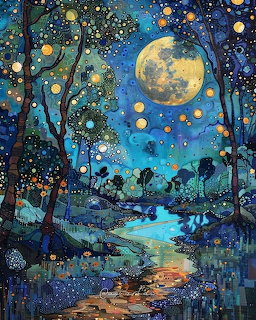 Magical moonlit forest scene with stream, glowing orbs, and starry night sky in blue and gold tones