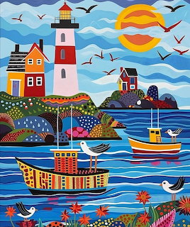 Colorful folk art coastal scene with lighthouse, boats, birds, and sunset