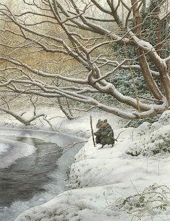 Illustration of a cloaked mouse with a walking staff trudging through snow beside a stream under bare branches