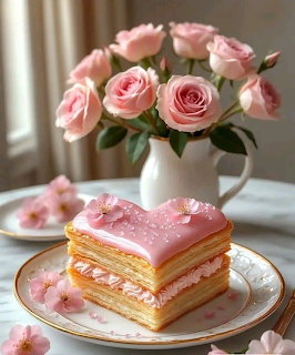 Heart-shaped layered pastry with pink glaze on a plate next to a white vase of pink roses