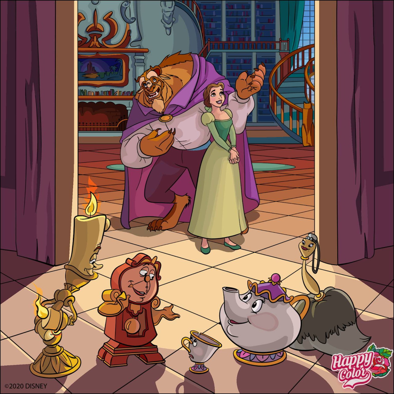 Cartoon scene of Beast and Belle dancing in a castle with enchanted household objects watching