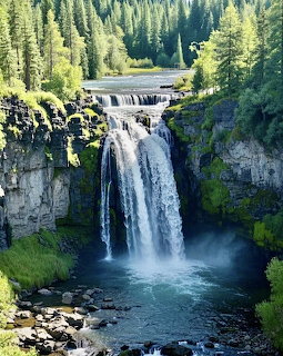 Multi-tiered waterfall cascading into blue pool surrounded by green forest and rocky cliffs