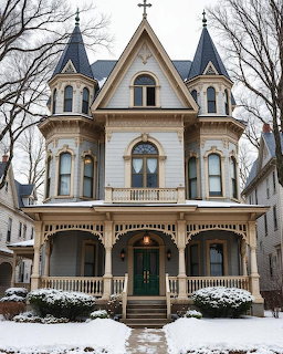 Victorian mansion with turrets and porch covered in snow under bare winter trees