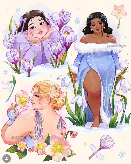 Digital illustration of three women with spring flowers including crocuses, snowdrops, and blossoms in pastel colors