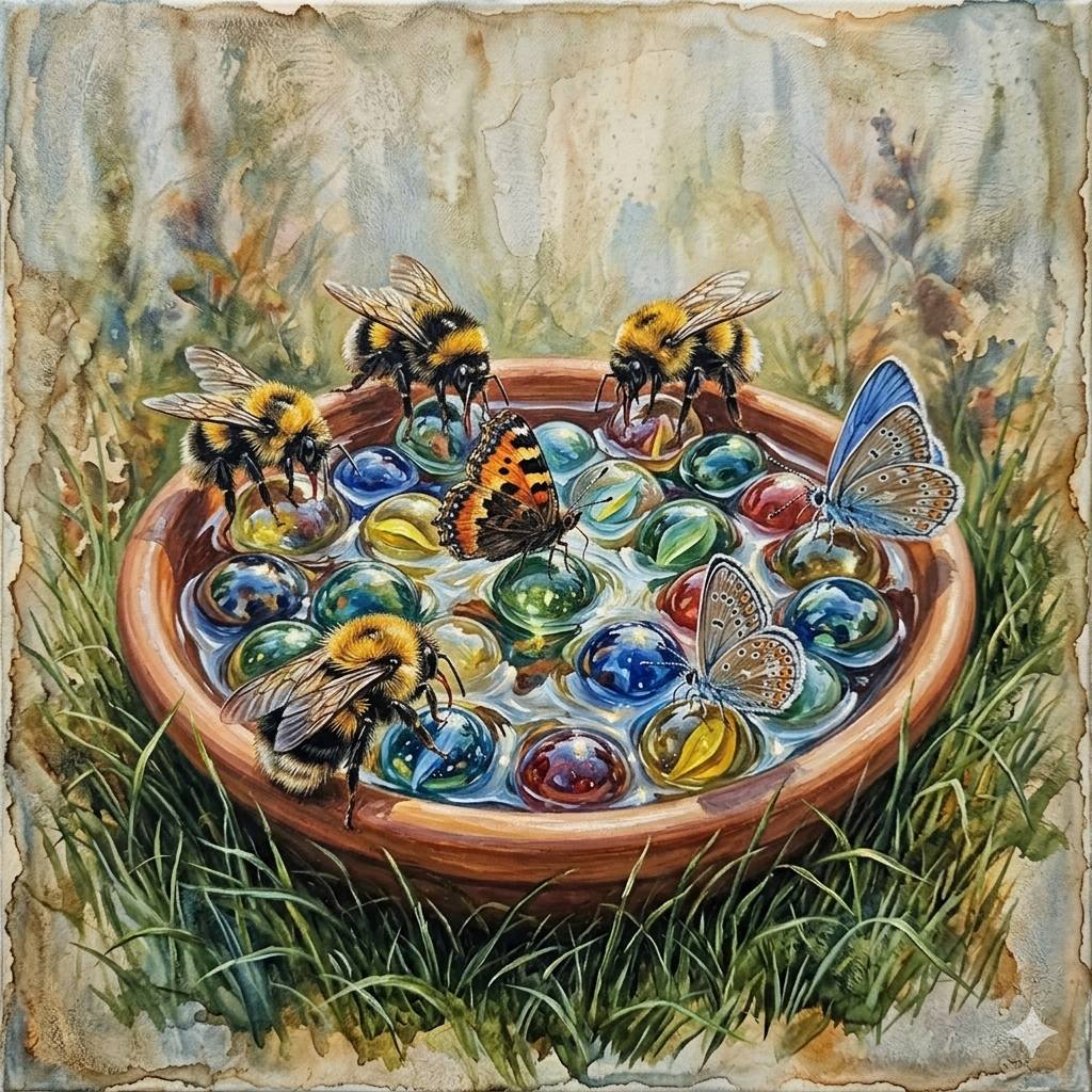 Watercolor illustration of bees and butterflies around a bowl of colorful glass marbles in grass