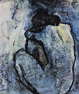 Blue-toned painting of a hunched figure with head bowed, rendered in expressive brushstrokes