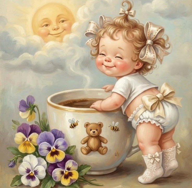 Illustrated baby girl in white dress next to oversized teacup with flowers and smiling sun in background