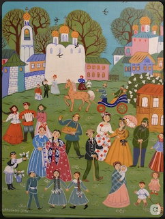 Folk art village scene with dancing people, houses, trees, a horse, and a church