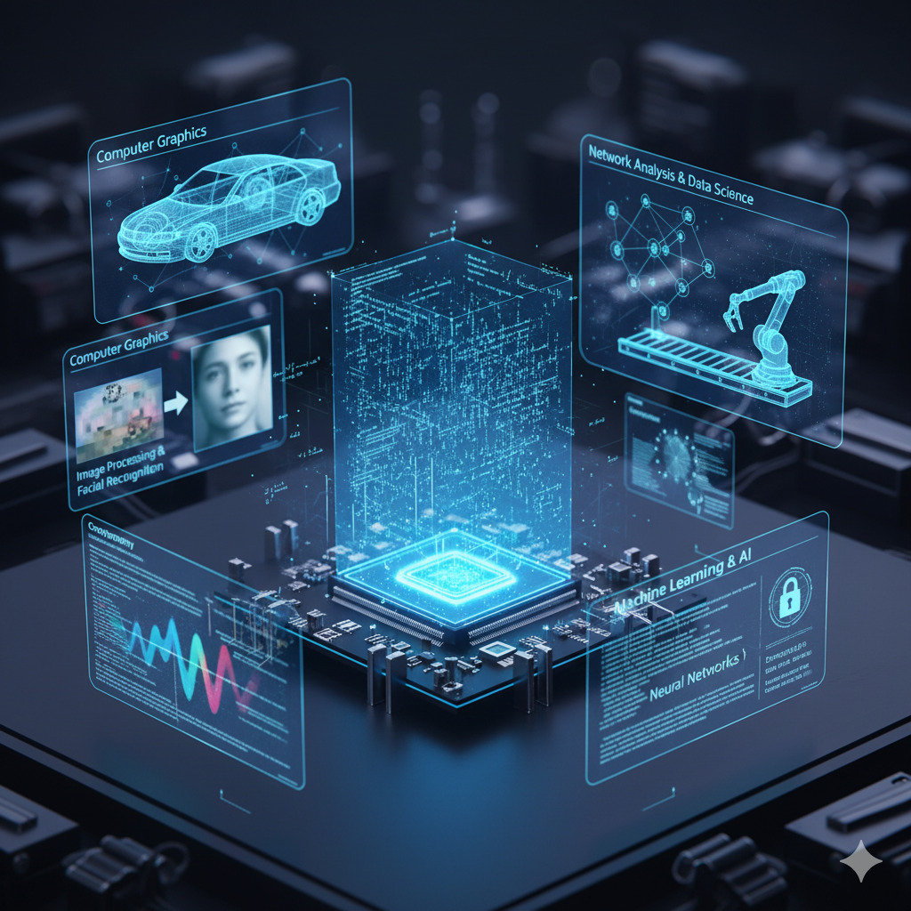 Futuristic microchip with blue holographic panels showing AI, robotics, and data graphics