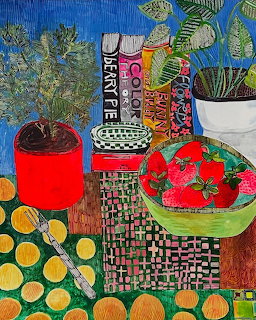 Colorful still life with strawberries, books, plants and patterned surfaces in marker illustration style