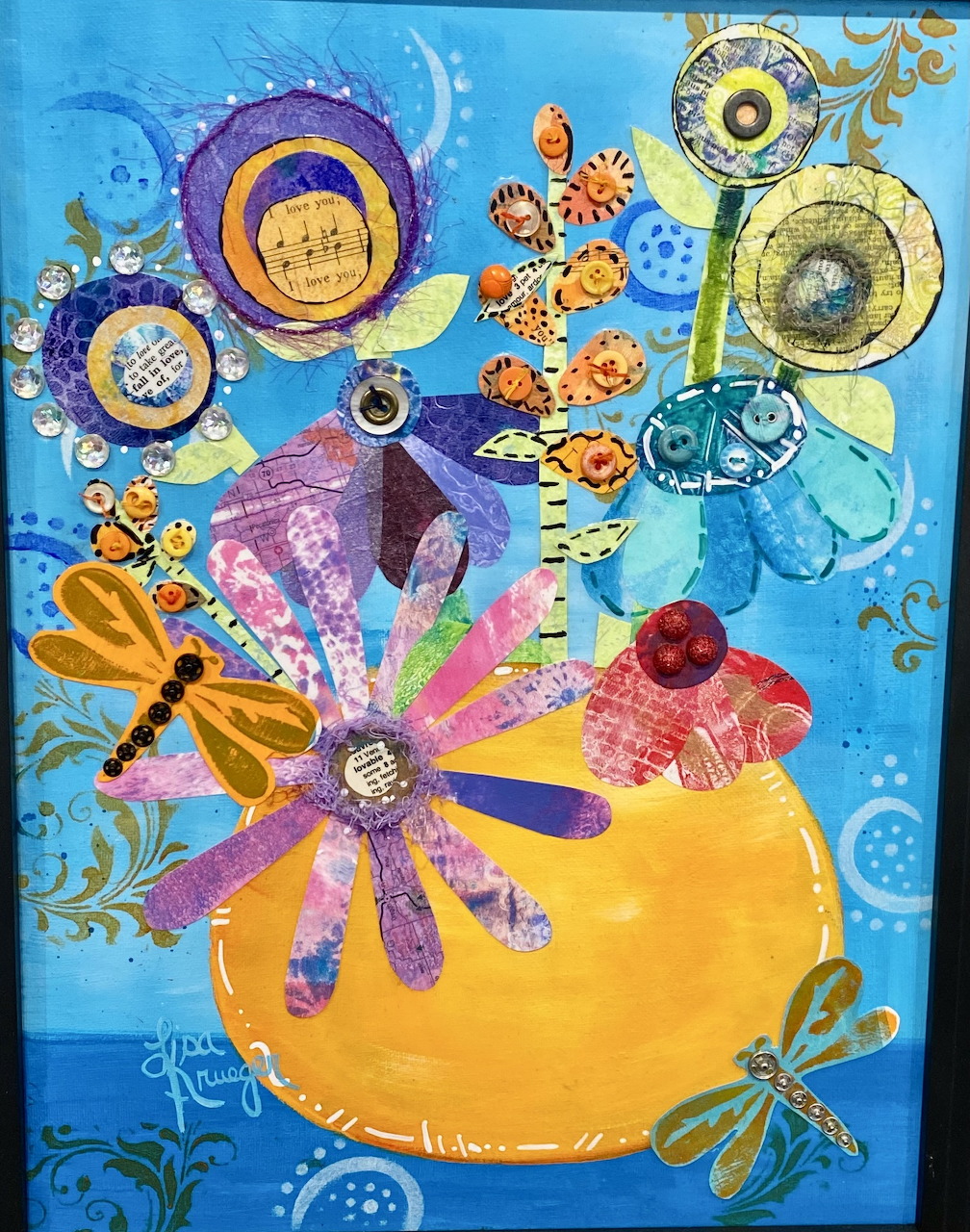 Abstract mixed media art with yellow vase, bright flowers, butterflies and decorative circles on blue background