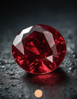 Close-up of a round cut red ruby gemstone with facets reflecting light on dark stone surface