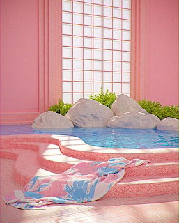 Retro pink spa room with indoor pool, glass block window, rocks and greenery