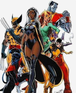 Comic book illustration of X-Men superhero team members posed together on white background