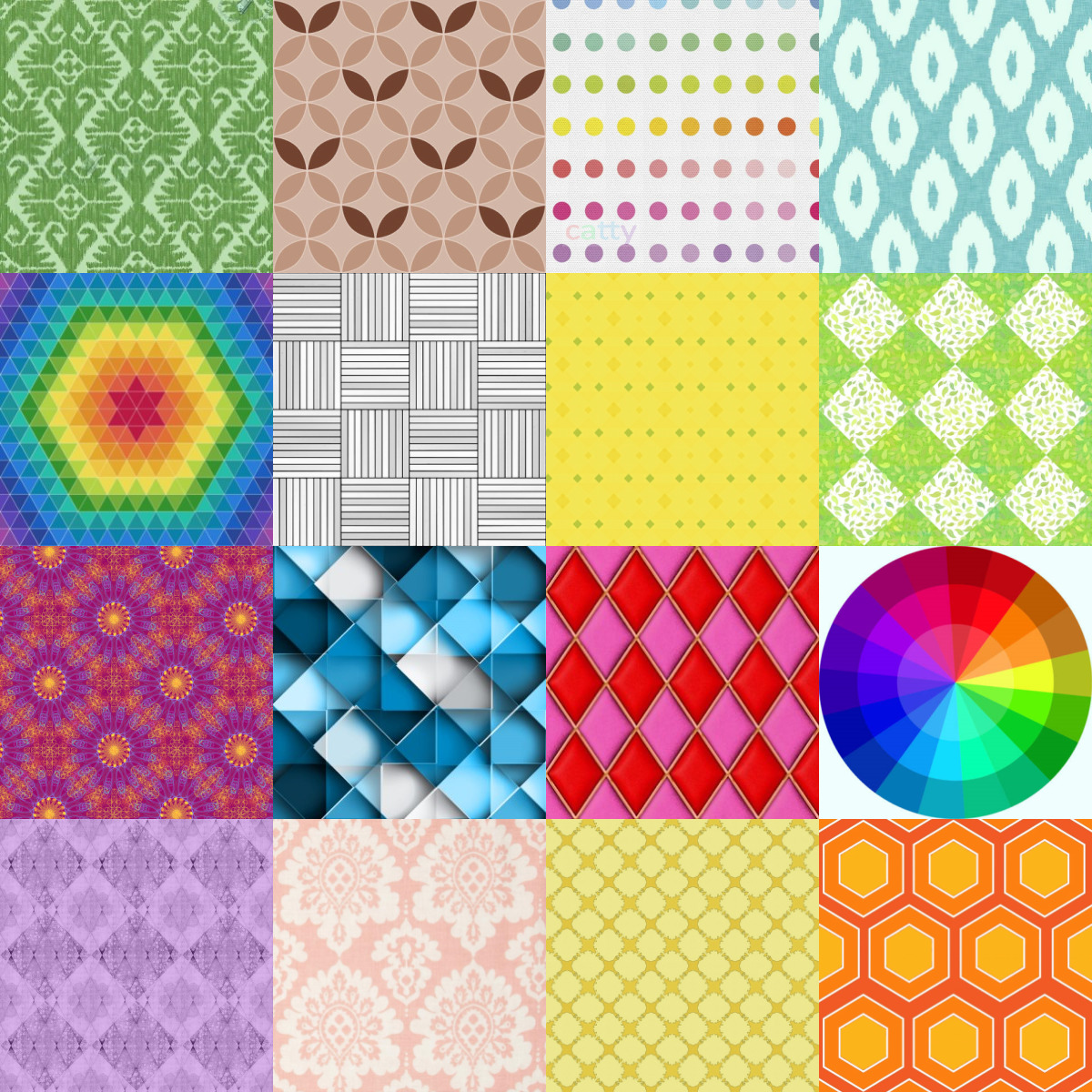 Grid of 16 different colorful patterns including geometric shapes, florals, and rainbow gradients in a quilt arrangement